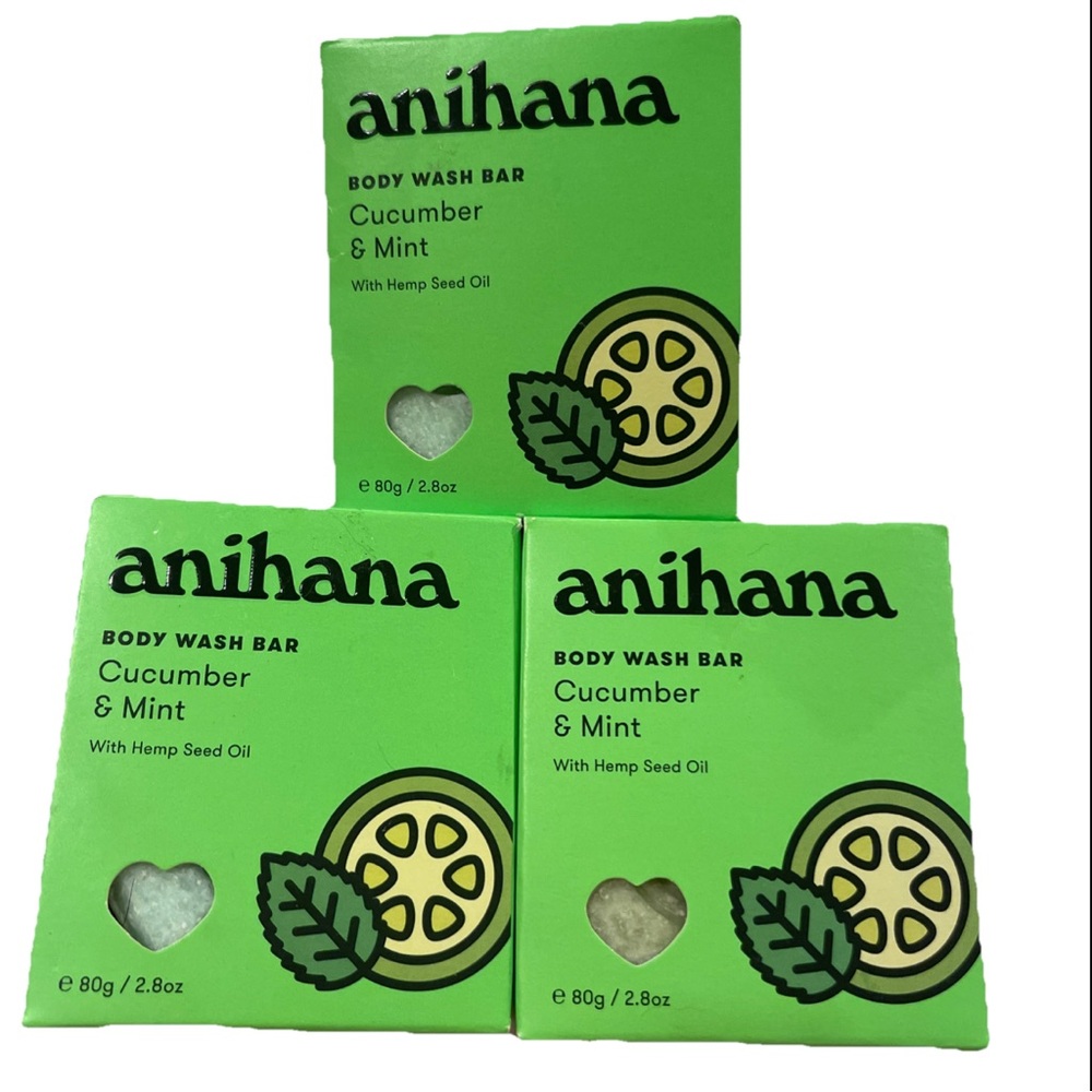 Lot Of 3 ANIHANA Body Wash Bars “Cucumber & Mint” W/Hemp Seed Oil 2.8 oz Ea New!